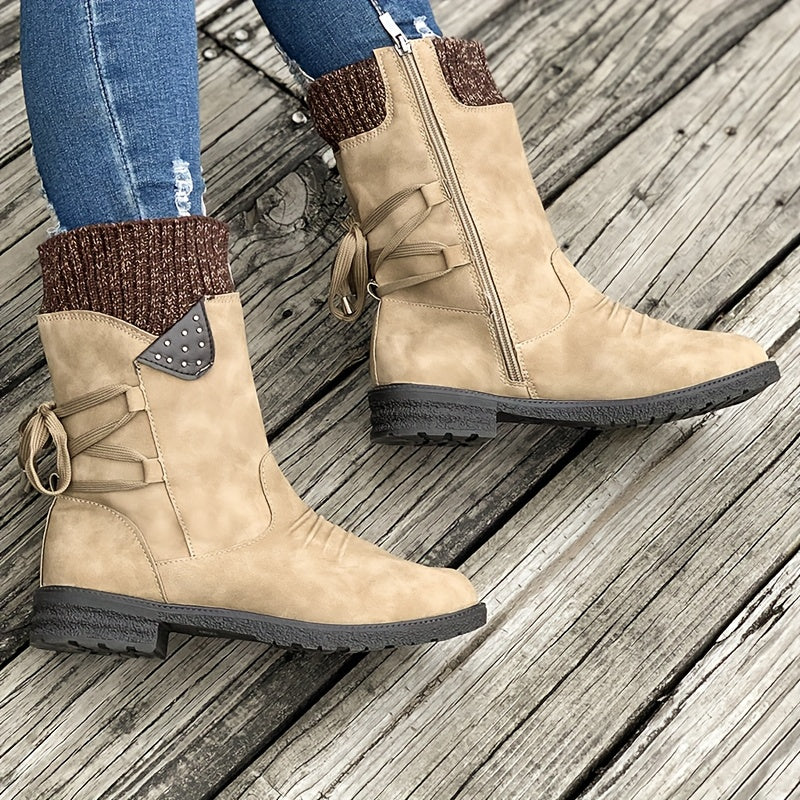 Botas Vintage Clássicas e Elegantes de Cano Médio. Design de Cano Elástico com Ajuste de Cadarço para Tamanhos Plus Size. Disponíveis em Várias Cores: Cinza, Preto, Caqui, Azul, Roxo. Botas de Cano Curto com Bico Redondo para o Outono, um Presente Adorável para Mulheres. Leves e Confortáveis para o