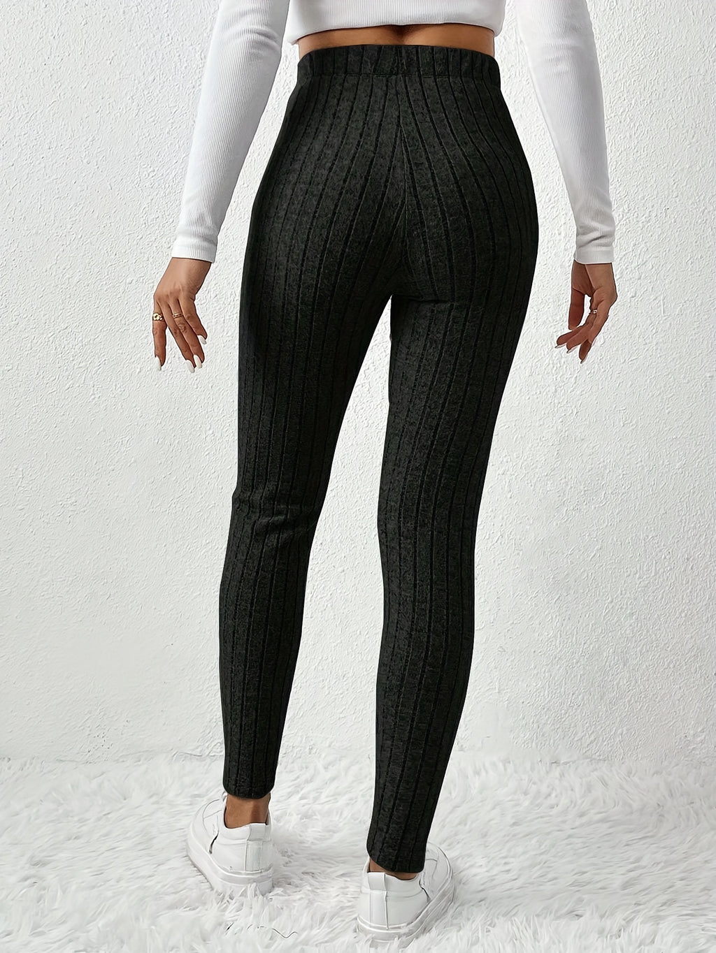 Leggings de cintura alta em cor sólida com cordão falso, com nervuras, Skinny Casual Stretchy Leggings para uso diário, Roupa de mulher