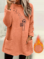 Camisola de Manga Comprida para Mulher com Forro de Lã Aconchegante e Estampado de Dente-de-Leão - Suave, Elástica e Casual para o Outono/Inverno, Laranja, Gola Redonda, Corte Normal, Roupa Casual|Top com Estampado de Dente-de-Leão|Tecido Elástico, Camisola e Camisola de Malha para Mulher, Camisola de Mulher, Camisolas de Mulher, Camisolas de Mulher Outono, roupa mulher inverno, camisolas mulher outono, camisola mulher outono