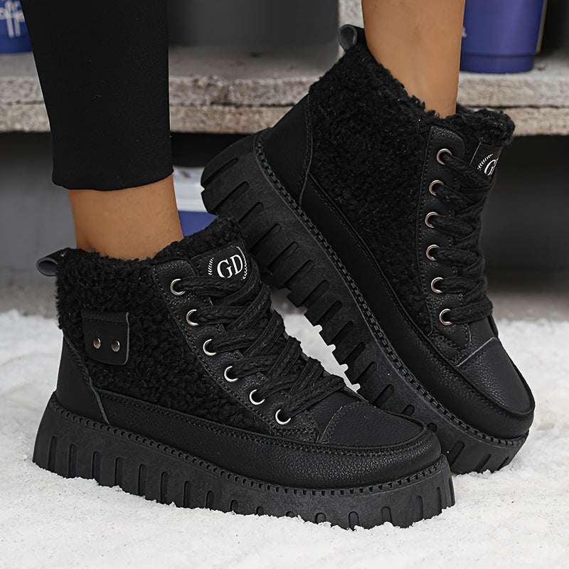 Botas Femininas de Inverno 2025, Cano Alto e Grosso com Forro de Fleece, Sapatos Esportivos Versáteis com Sola Grossa para Clima Frio
