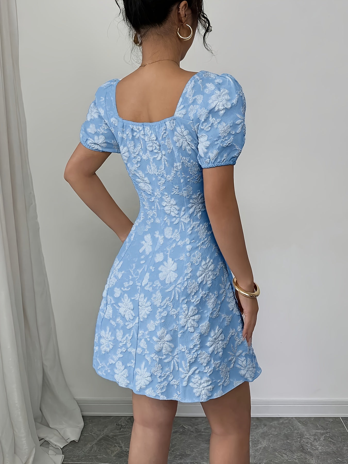 Vestido elegante feminino em A com padrão floral - Festa formal e casual, Casamento, Roupa do dia a dia - Corte elogiador para eventos de outono/inverno - Roupa feminina chique para todas as estações, Moda de inverno, Mangas balão, Costura de qualidade, Roupa elegante, Amantes da moda