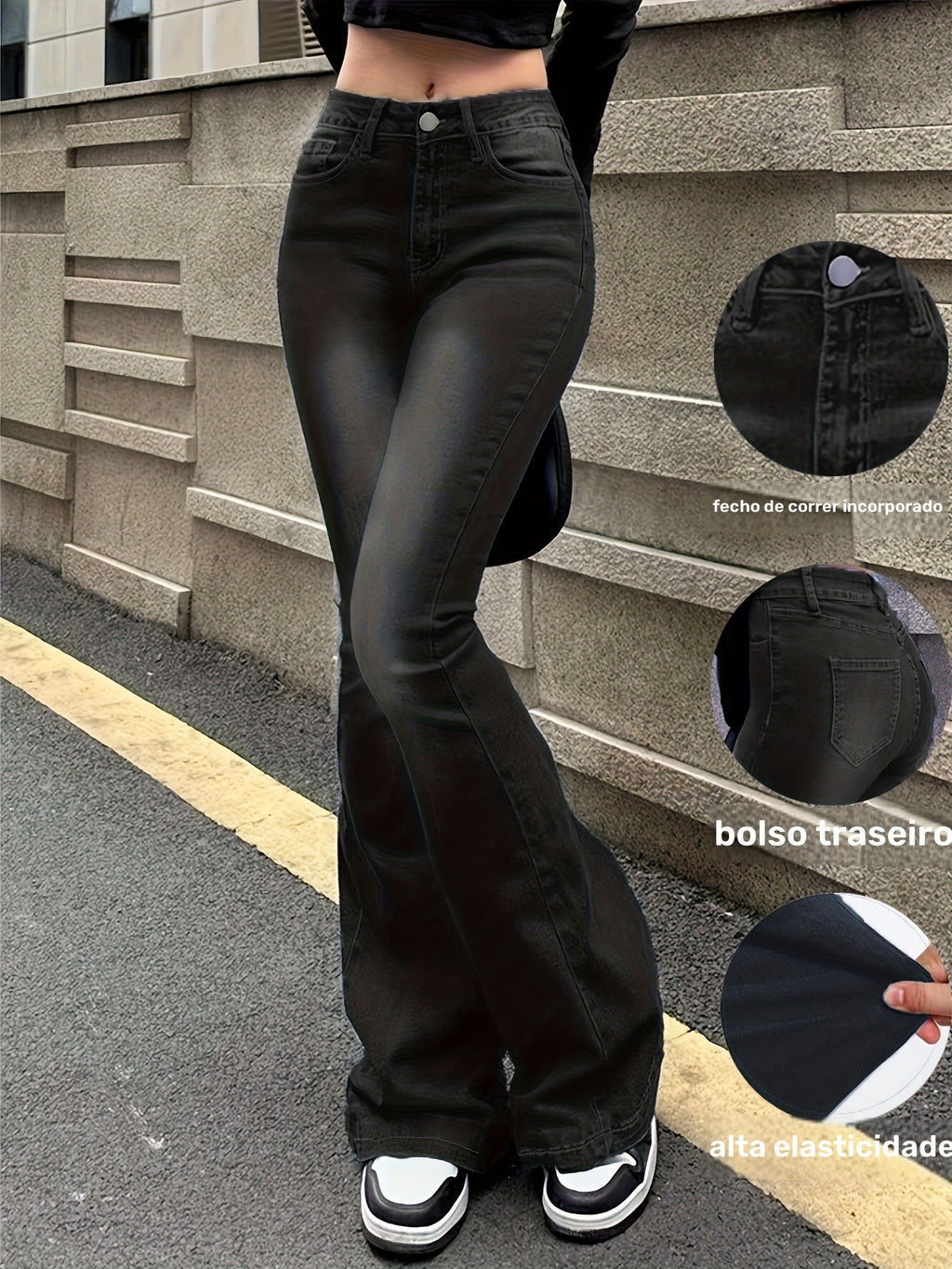 Calças de ganga de cintura alta e elásticas para mulheres - Corte justo com cintura média e bainha de sino com bolsos inclinados, em denim azul lavado e com fecho integrado, para uso casual em todas as estações, calças de ganga de cintura alta, moda confortável, tecido durável, calças versáteis, estilo vintage, costura de qualidade, calças elegantes, moda feminina