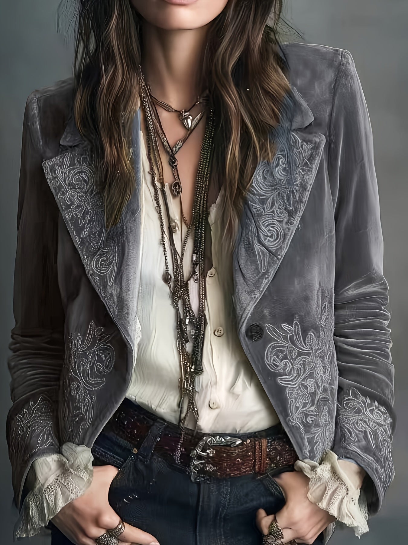 Blazer Feminino Elegante Vintage com Bordado Botânico - Jaqueta X-Shape de Um Botão, Lavável na Máquina, Traje de Outono/Inverno para Casamentos e Ocasiões Especiais (Comprimento Regular)