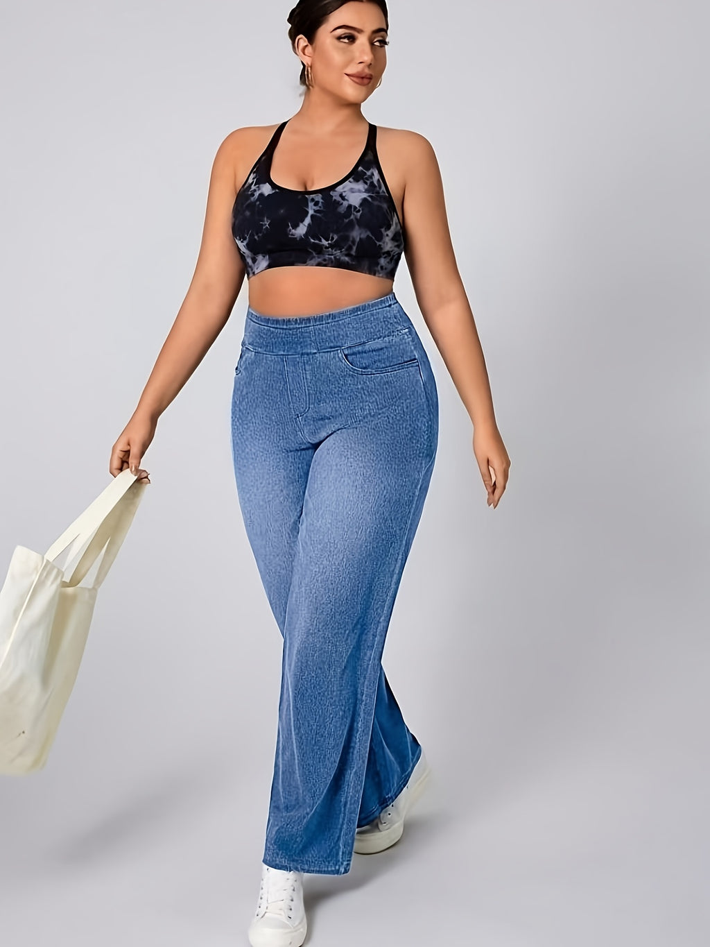 Jeans de ganga elásticos de cintura subida para mulher | Casual, para todas as estações, perna larga, elegantes, com bolsos