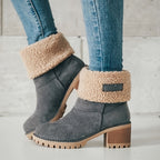 Botas de inverno para mulheres com salto grosso - Botas de cano médio com biqueira redonda e forro de lã, forro de tecido quente e sola de borracha para deslocações ao ar livre, uso casual - Tamanho grande disponível, Botas de inverno, Calçado para clima frio, Forro de interior felpudo, Calçado de tração durável, Calçado para uso diário, Forro aconchegante, Usuários de clima quente