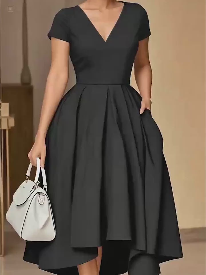 Sophisticated V-Neck Short Sleeve Dress - Solid Black